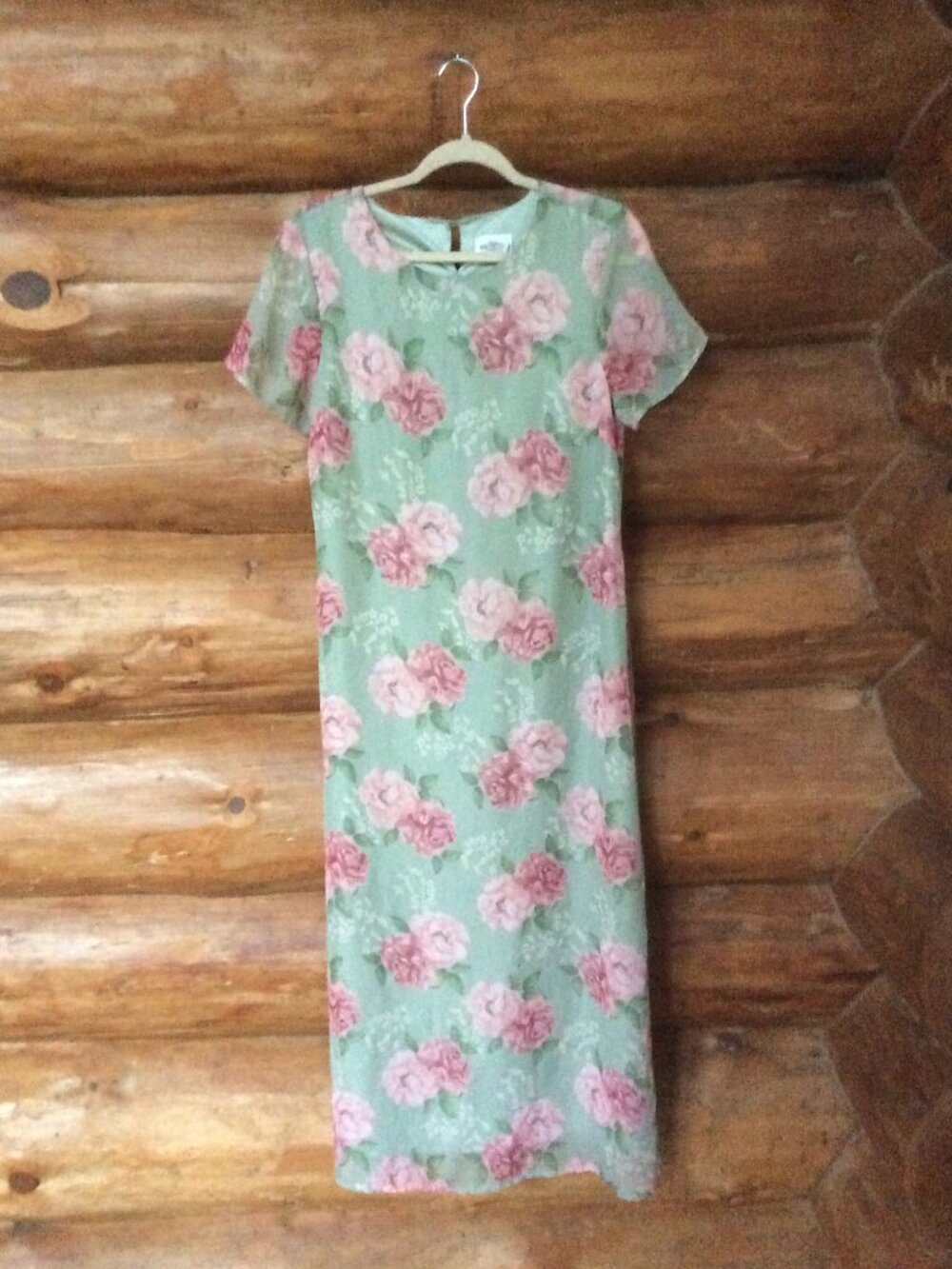 Vintage Fashion Bug Floral Garden Green Pink Coquette Feminine Maxi Dress SZ 14